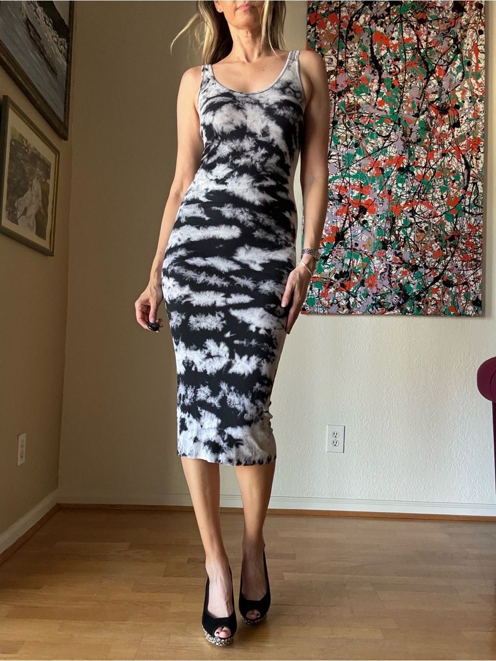 Enza Costa Black & White Tie-Dye Scoop Neck Midi Dress